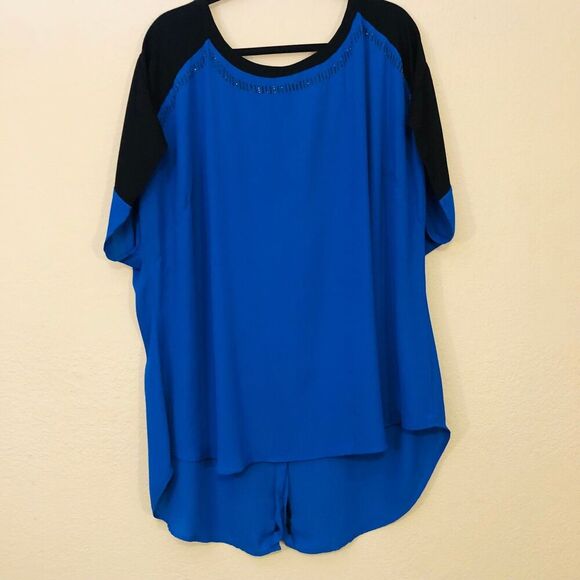 Lane Bryant Top Womens 22/24 Blue Black High/Low Sheer Embellishments 90s Style - Picture 1 of 10